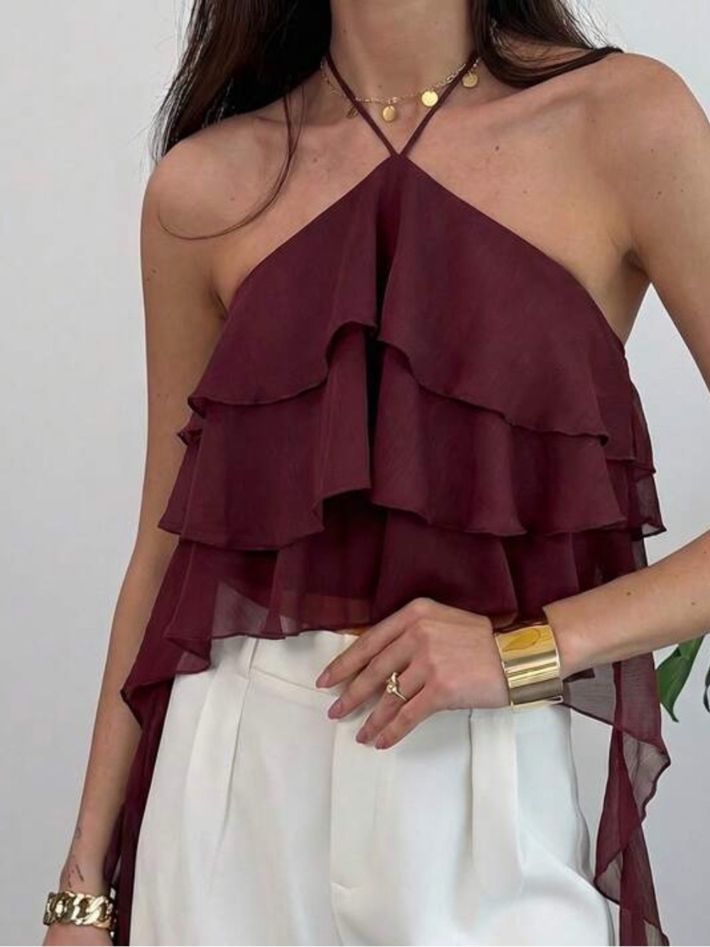 Women's Ruffle Halter Shell Top in Burgundy - Elegant Layered Design